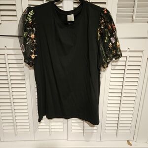 Joie Black Top with Floral Mesh Sleeves